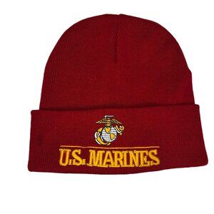 US Marines Red Beanie Hat With Yellow Embroidered Logo Windcatcher small mark